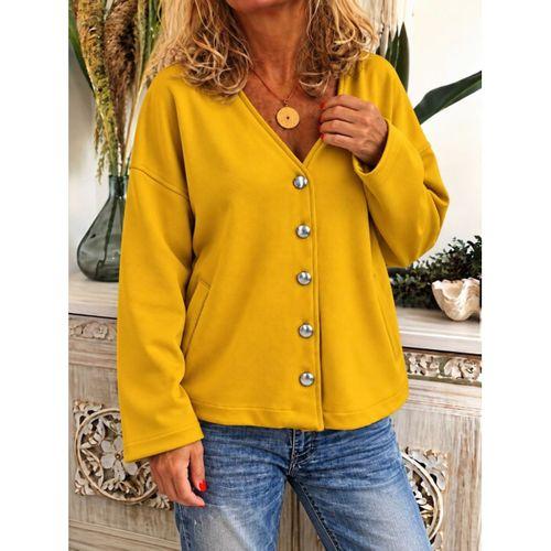 Kadın Düğme Detaylı V Yaka Oversize Hardal Sarısı Ceket / Hırka