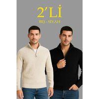 Erkek Fitilli Triko Kazak 2’li Set – Siyah - Bej Kalın Dokuma Pamuklu Regular Fit V Yaka Fermuarlı Uzun Kollu Rahat Kışlık Kazak Kombini