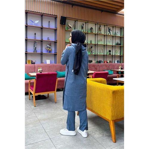 Kapşonlu Yandat Çıtçıtlı Sade Basic Uzun Tunik ve Pantolon İkili Spor Takım - 03071.006 - İndigo