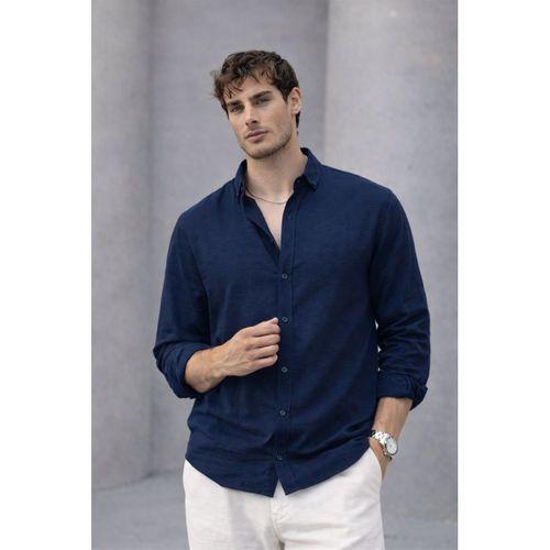 Scott – Soft Dokulu Yarım Oversize Modern Keten Görünümlü Erkek Gömlek- Lacivert