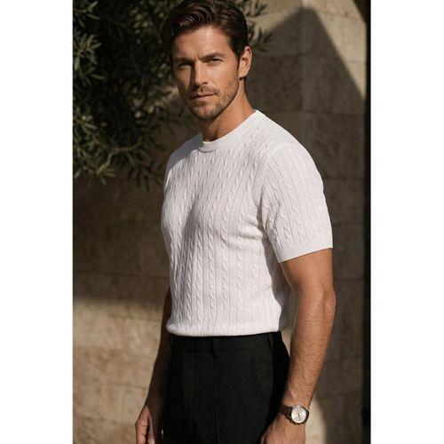 Walsh Saç Örgü Desenli Bisiklet Yaka İnce Triko Erkek T-Shirt - Ekru