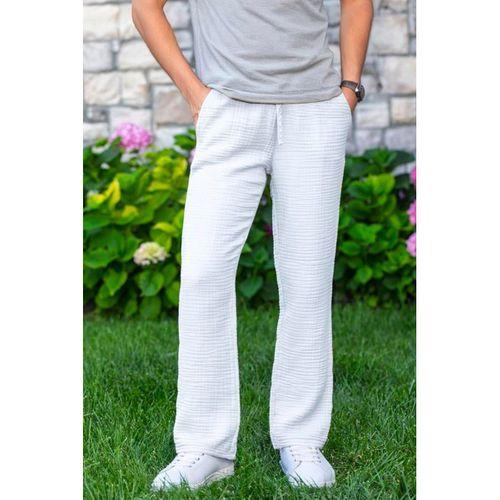 Beli Lastikli Multi Çift Cepli Müslin Kadın/Erkek Unisex Yazlık Pantolon Beyaz Byz