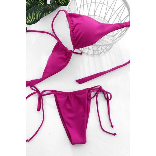 Kadın Fuşya Üçgen Bikini Takımı Yandan Bağlamalı Tangalı Canlı Renk Şık Mayo Seti