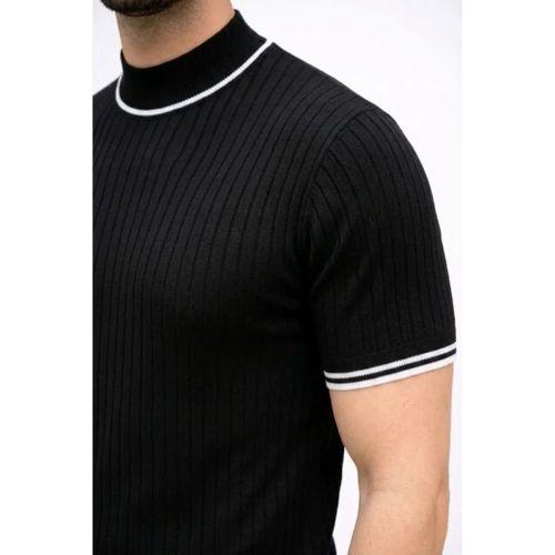 Erkek Fitilli Triko Dokuma Kısa Kol Tişört Yarım Boğaz Modern Yazlık T-Shirt - Siyah