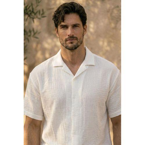Yarım Oversize Apaş Yaka Kısa Kol Müslin Kumaş Erkek Gömlek - Beyaz