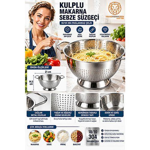 Kulplu Ayaklı Derin Mutfak Süzgeci 21x14 cm - Pirinç Makarna Sebze Yıkama Süzgeci Evye İçi Çelik Kevgir 18/10 SUS 304 Paslanmaz Çelik 723764