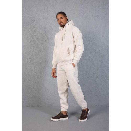 Şardonlu Kanguru Cepli Sweatshirt - 3 İplik Şardonlu Lastik Paça Erkek Eşofman Altı- Eşofman Takımı - Bej