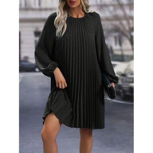 Kadın Uzun Kollu Yuvarlak Yaka Pileli Salaş Mini Ithal Krep Elbise