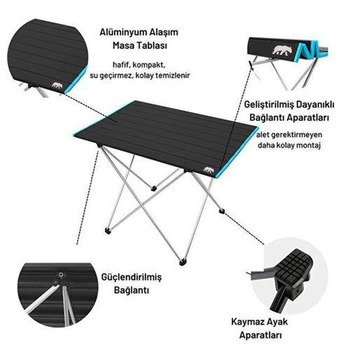 Kamp Ayısı® Geniş Model Alüminyum Katlanabilir Kamp ve Piknik Masası, Çantalı, Siyah