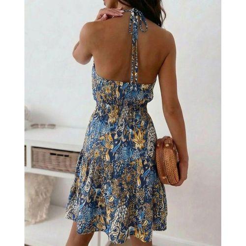 Kadın Omuzlardan Açık Beli Lastikli Desenli Kısa Süprem Elbise