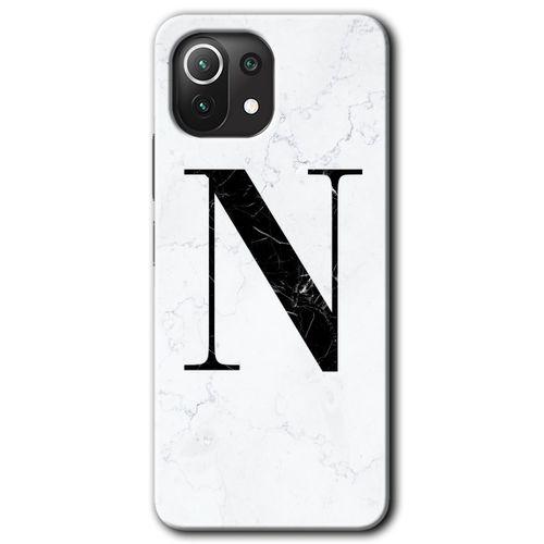 MRCİLETİSİM Xiaomi Mi 11 Lite Kılıf Baskılı Kapak - Beyaz Mermer Desenli N Harfi + 5D Tam Kaplayan Cam