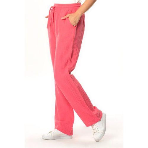 Müslin Beli Bağcıklı Çift Cepli Kadın Yazlık Pantolon Pembe Pmb