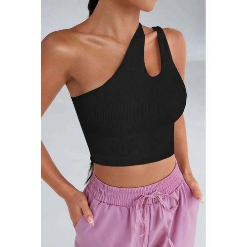 Kadın Siyah Tek Omuz Cut Out Detaylı Crop Top Bluz