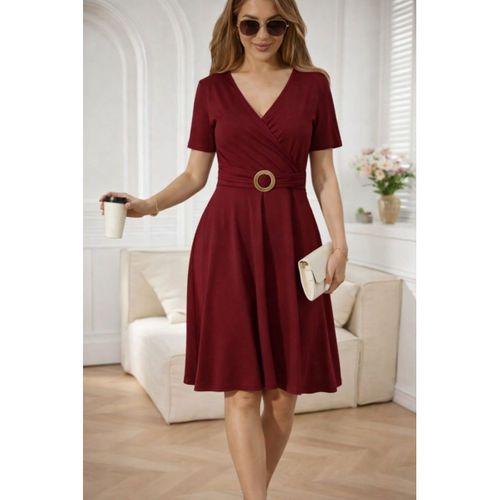 Kadın Kısa Kollu Kruvaze Yakalı önden Toka Detaylı Kısa Viskon Elbise