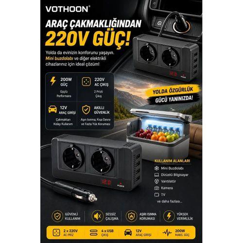 200w 12v Dc - 220v Ac Araç İçi İnvertör Priz Usb Girişli Dijital Göstergeli