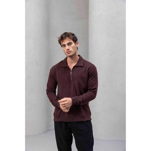 Eric Relax Fit Yarım Fermuarlı Polo Yaka Selanik Kumaş Erkek Sweatshirt - Bordo