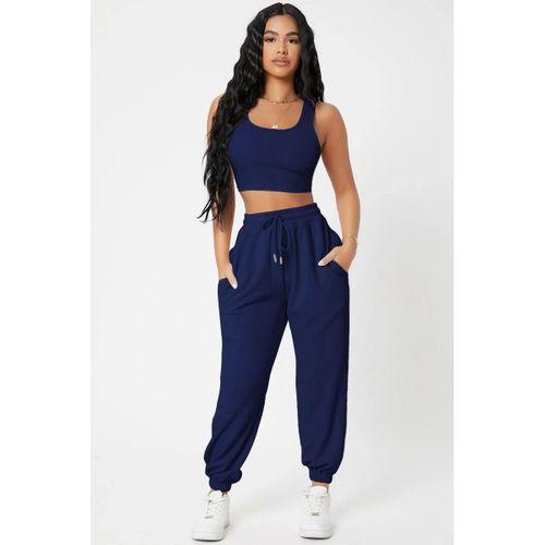Kadın Laciver Premium Görünümlü Kaşkorse Cepli Jogger Eşofman Altı Ve Crop Top Bluz Takımı