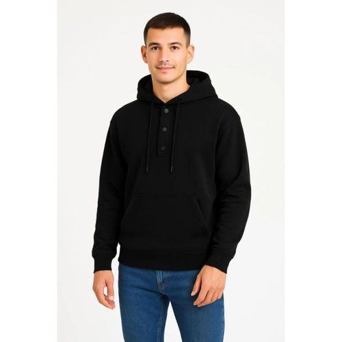 Erkek Ovarsize Kapüşonlu Swetshirt Kanguru Çepli Cıtcıtlı 3 Iplik Şardonlu Hoodie - Siyah