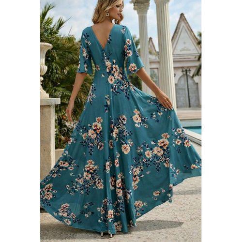 Kadın Kısa Kollu V Yakalı Desenli Süprem Elbise