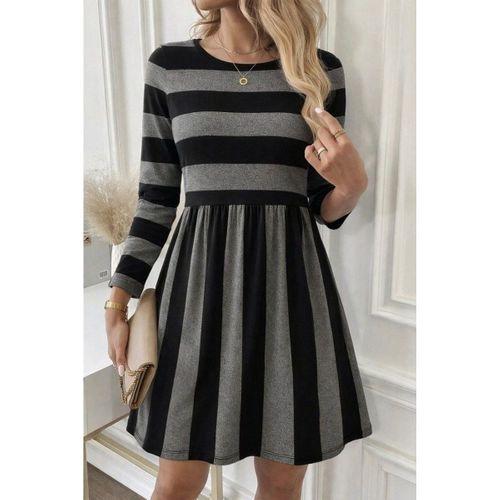 Kadın Uzun Kollu Bisiklet Yaka çizgili Desen Detaylı Süprem Mini Elbise