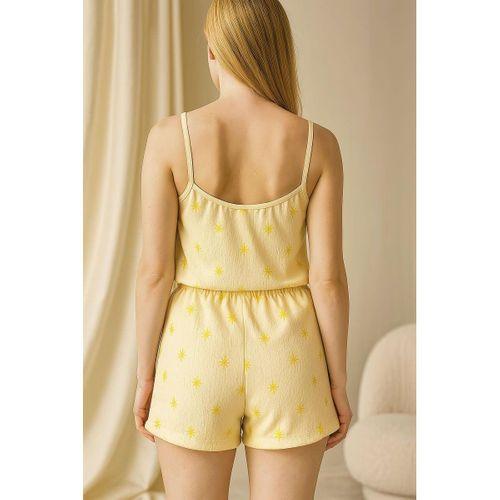 Sarı Üstüne Desenli Askılı Şortlu Pijama Takımı