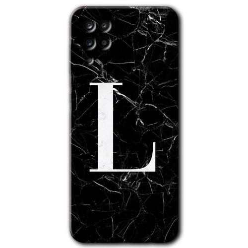 Samsung Galaxy M12 Kılıf Baskılı Kapak - Siyah Mermer Desenli L Harfi + 5D Tam Kaplayan Cam