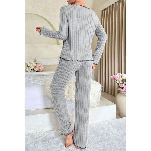 Kadın Gri Çizgili Fiyonk Detaylı Uzun Kollu Mevsimlik Pijama Takımı Premium Ev Giyim
