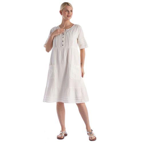 Kısa Kol Kırık Beyaz Kare Yaka Cep Detaylı Midi Boy Müslin Yazlık Elbise