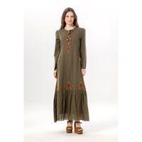 Uzun Kol Zühre Nakış Detaylı Bağcık Yaka Cepli Vual Uzun Elbise Haki Hk