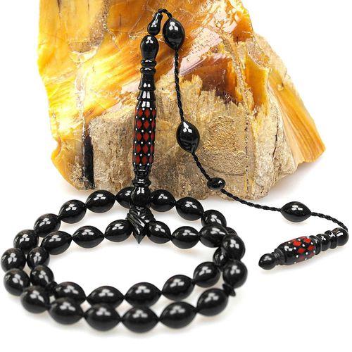 Oltu Taşı Oyma İmame ve Kırmızı Mine İşleme Sade Tespih