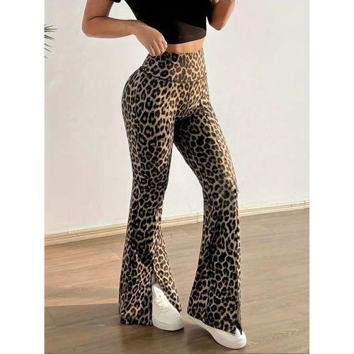 Kadın Yüksek Bel Leopar Desenli Yırtmaçlı Dalgıç Tayt