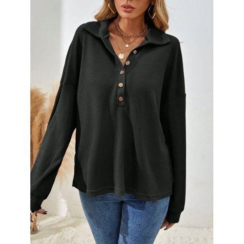 Kadın Uzun Kollu Yakalı Düğmeli Salaş Waffle Bluz