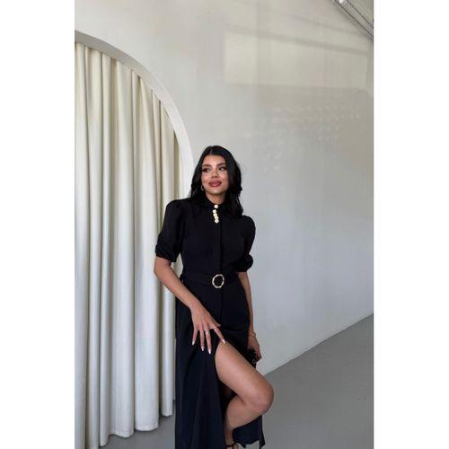 YAKA DÜĞME DETAYLI ELBİSE - Siyah