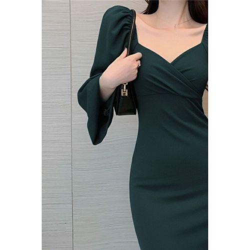 Kadın Uzun Kollu Kalp Yakalı Midi Ithal Krep Elbise