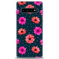 Samsung Galaxy S10 Kılıf HD Baskılı Kılıf - Puantiye ve Çiçekler + Tam Ekran Koruyucu