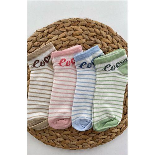 Çizgili Love Yazılı 4 Çift Patik Çorap Vakre - 9328