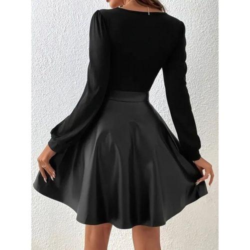 Kadın Uzun Kollu Kare Yaka üst Viskon Alt Deri Mini Elbise