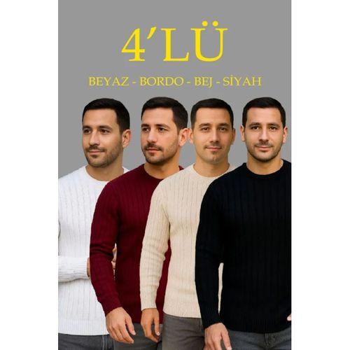 Erkek Fitilli Triko Bisiklet Yaka Kalın Kazak 4lü Set Beyaz-Bebek Mavisi-Gri-Siyah
