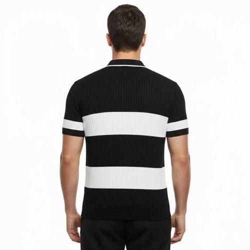 Erkek T-shirt Çizgili Triko Dokuma Kumaş Polo Yaka Yarım Fermuarlı Regular Kalıp Tişört - Siyah