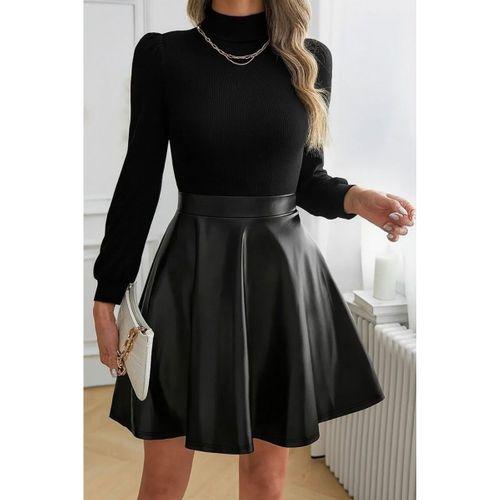 Kadın Uzun Kollu Balıkçı Yaka üst Kaşkorse Alt Deri Detaylı Mini Elbise