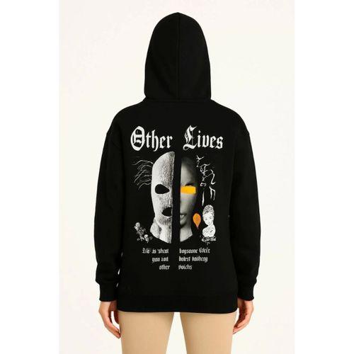 Üç İplik Kapşonlu ön Ve Arka Baskılı SweatShirt Hoodie- Siyah