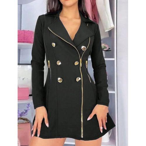 Kadın Uzun Kollu Yakalı Fermuarlı Düğme Detaylı Kısa Scuba Ceket
