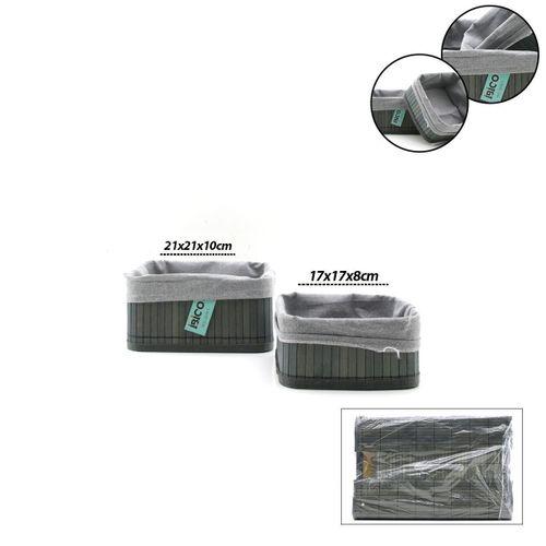 Kare Organizer Sepet - Bambu Kenarlı, Ahşap Taban, Bezli - 18x21 cm