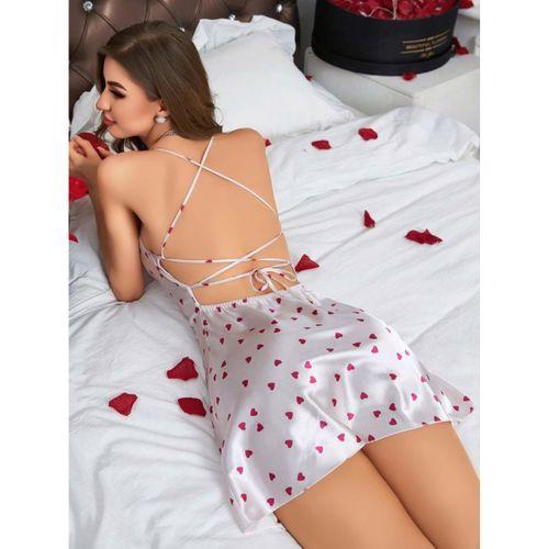 Kadın Beyaz Fuşya Kalp Desenli Saten Gecelik 2219