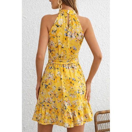 Kadın Omuzlardan Açık Balıkçı Yakalı Kuşaklı Desenli Kısa Süprem Elbise