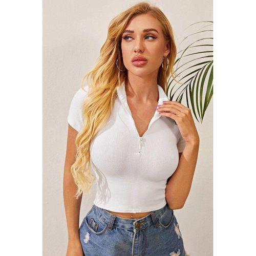 Kadın Beyaz Yarım Fermuarlı Ve Kısa Kollu Crop Top Bluz