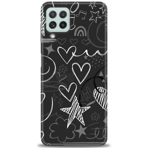 Samsung Galaxy A22 Kılıf HD Baskılı Kılıf - Siyah Kalp ve Notalar + Tam Ekran Koruyucu