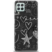 Samsung Galaxy A22 Kılıf HD Baskılı Kılıf - Siyah Kalp ve Notalar + Tam Ekran Koruyucu