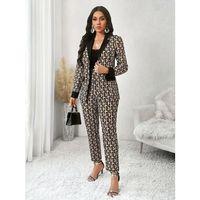 Kadın Uzun Kollu Yakalı Desenli Dalgıç Ceket Bluz Ve Pantolon üçlü Takım