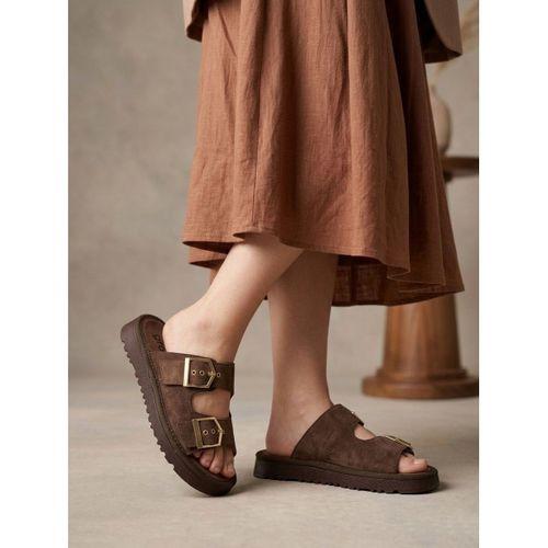 Yazlık Kadın Kahverengi İnce Taban Tokalı Terlik